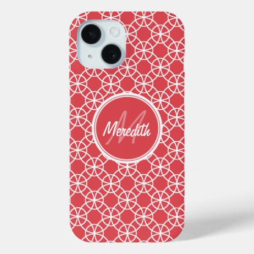 Monogram Oriental Circle Pattern Coral Red White iPhone 15 Case