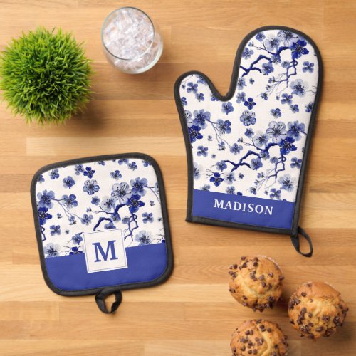 Monogram  Oriental Sakura Branch Pattern Oven Mitt  Pot Holder Set