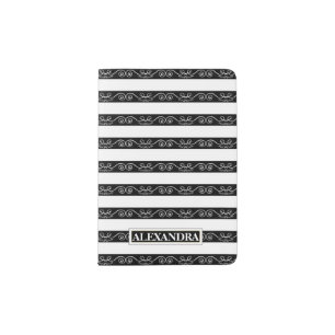 Monogram ornamental Black White striped Passport Holder