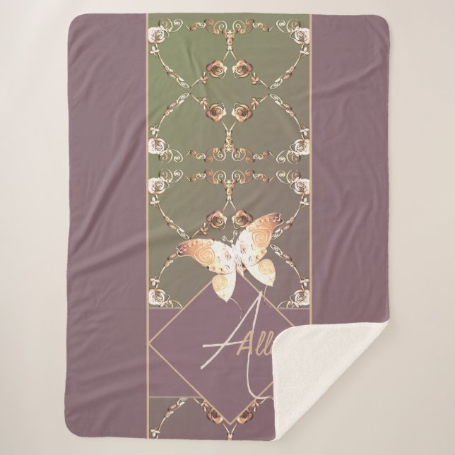 Monogram Ornate Rose Sherpa Blanket (Front)