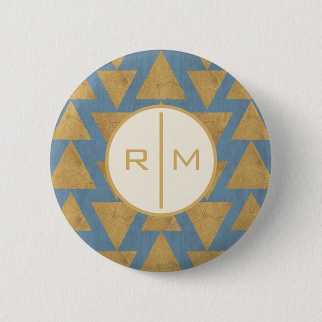 Monogram | Outdoor Geo Step | Gold & Blue Pattern Pinback Button (Front)