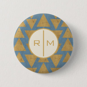 Monogram   Outdoor Geo Step   Gold & Blue Pattern Pinback Button