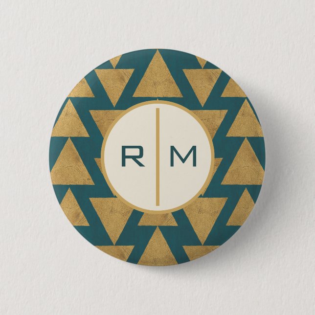 Monogram | Outdoor Geo Step | Gold & Dark Teal Pat Pinback Button (Front)