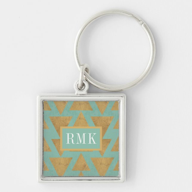 Monogram | Outdoor Geo Step | Gold & Teal Pattern Keychain (Front)