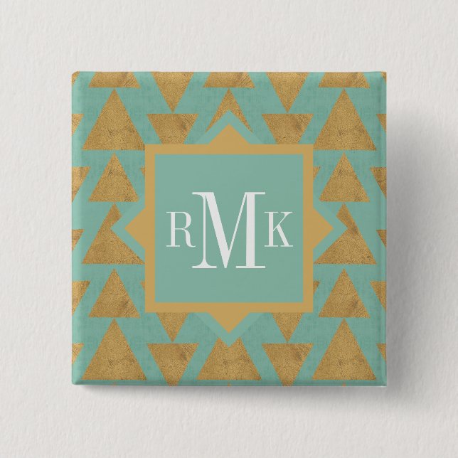 Monogram | Outdoor Geo Step | Gold & Teal Pattern Pinback Button (Front)