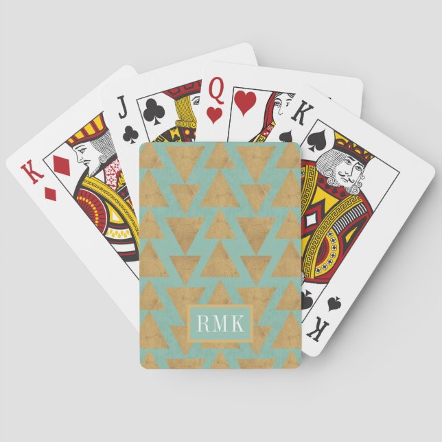 Monogram | Outdoor Geo Step | Gold & Teal Pattern Poker Cards (Back)