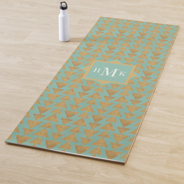 Monogram | Outdoor Geo Step | Gold & Teal Pattern Yoga Mat (In Situ)