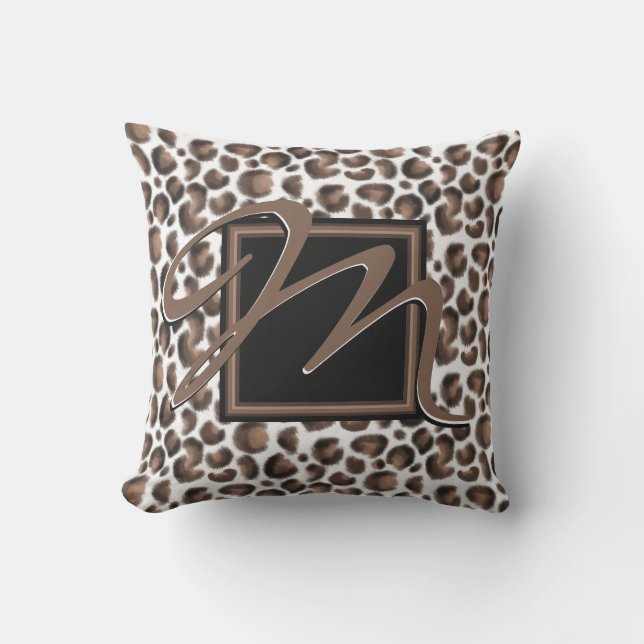 Monogram Outside The Box Black Brown Leopard Print Outdoor Pillow (Front)