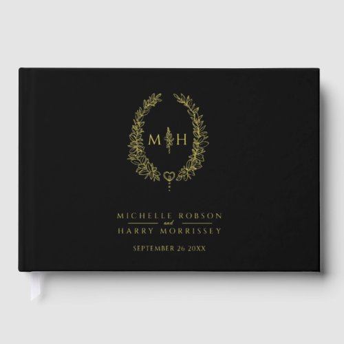 Monogram oval leaves gold black wedding  foil guest book 