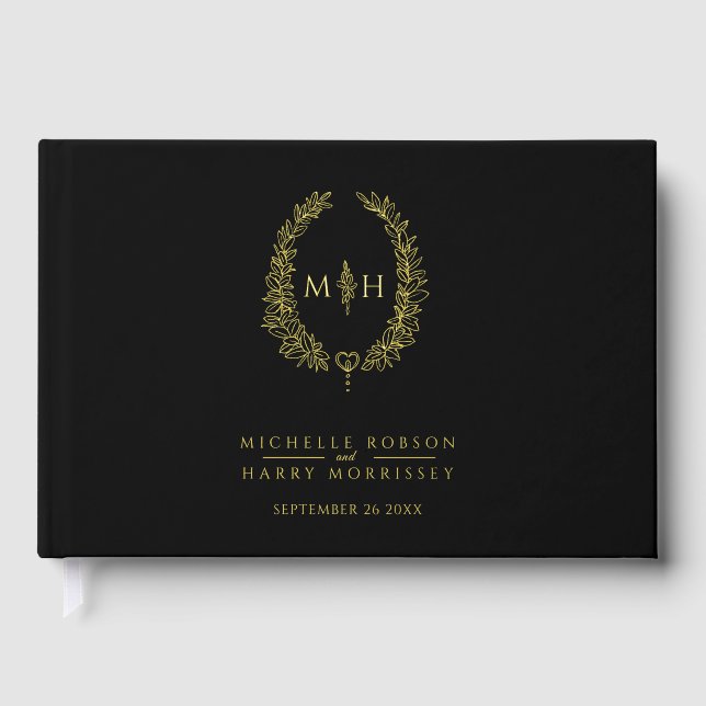 Monogram oval leaves gold black wedding  foil guest book  (Front)