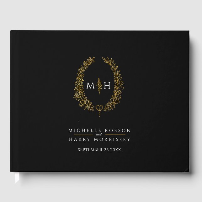 Monogram oval leaves heart black white wedding guest book (Front)