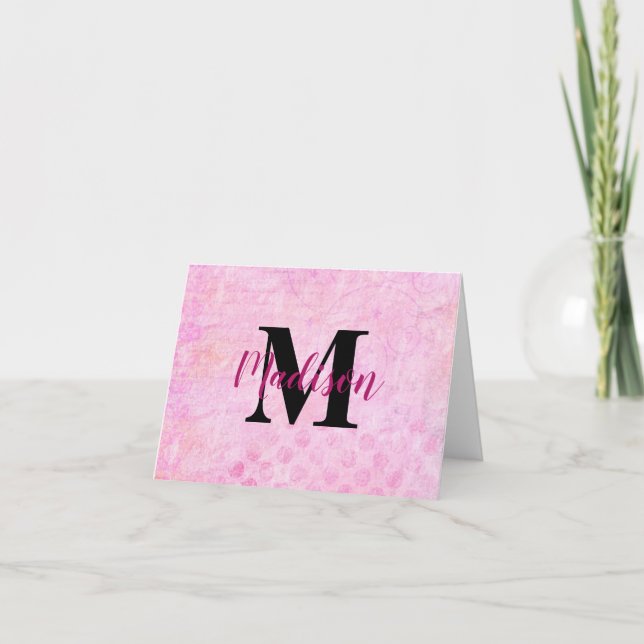 Monogram Over Pink Collage Pattern Background Letterpress Thank You Card (Front)