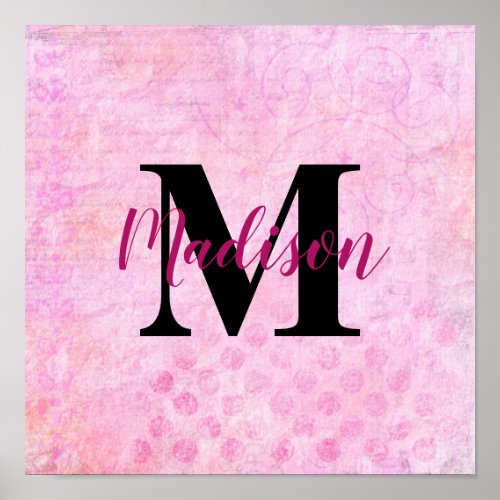 Monogram Over Pink Collage Pattern Background Poster