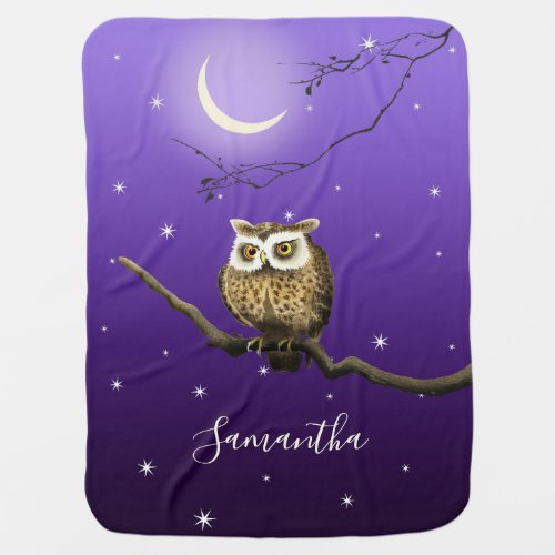 Monogram Owl Night Moon Deep Blue Baby Blanket