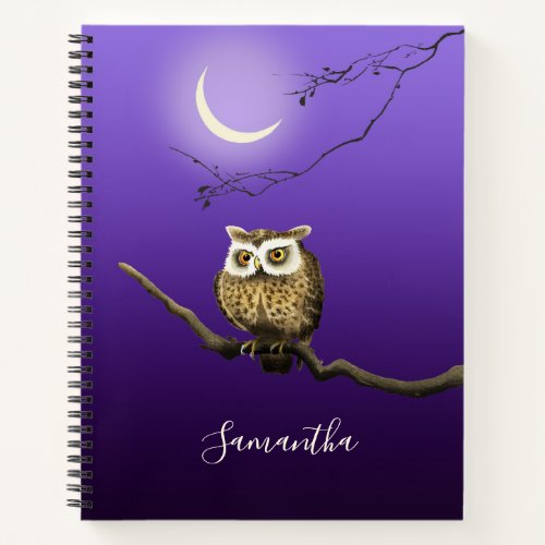 Monogram Owl Night Moonlight Blue Spiral Notebook