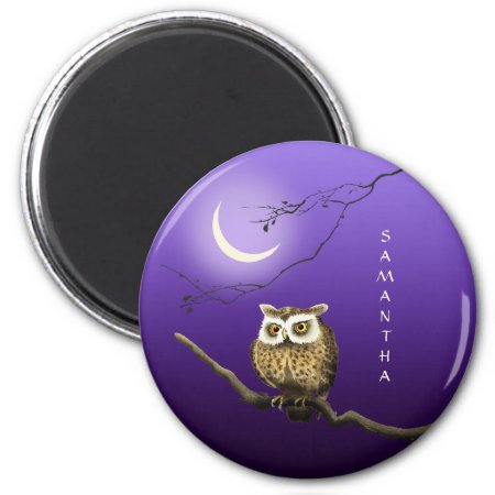 Monogram Owl Night Moonlight Dark Blue Magnet