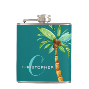 Monogram Own Name Elegant Teal Palm Groomsmen Flask