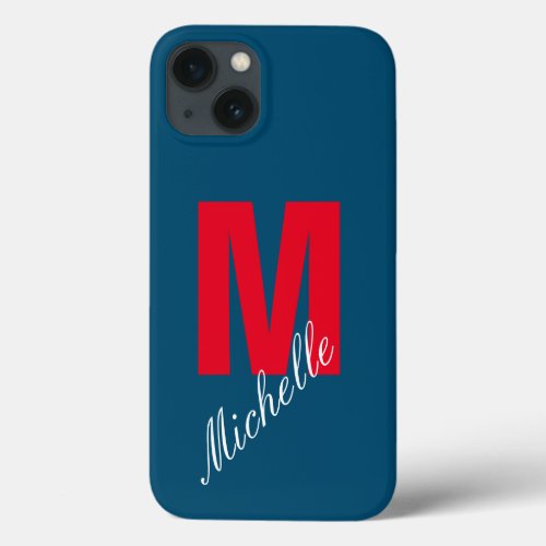 Monogram Own Name Initial Modern Plain Blue Red iPhone 13 Case