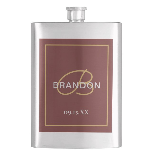 Monogram Own Name Modern Burgundy Gold Groomsmen Flask (Front)