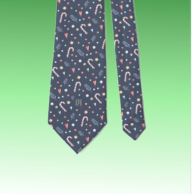 Monogram Oxford Blue Candy Canes Gold Stars Hearts Neck Tie (Creator Uploaded)