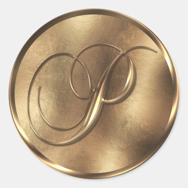 Monogram P Bronze Wedding Invitation Holiday Classic Round Sticker (Front)