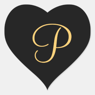 Monogram P,  gold colored initial P on black, Heart Sticker