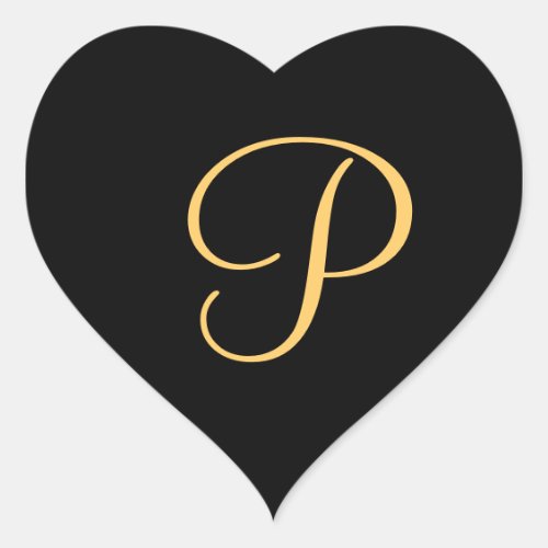 Monogram P  gold colored initial P on black Heart Sticker