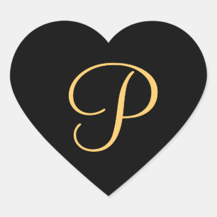 Monogram P,  gold-colored on black,  Heart Sticker