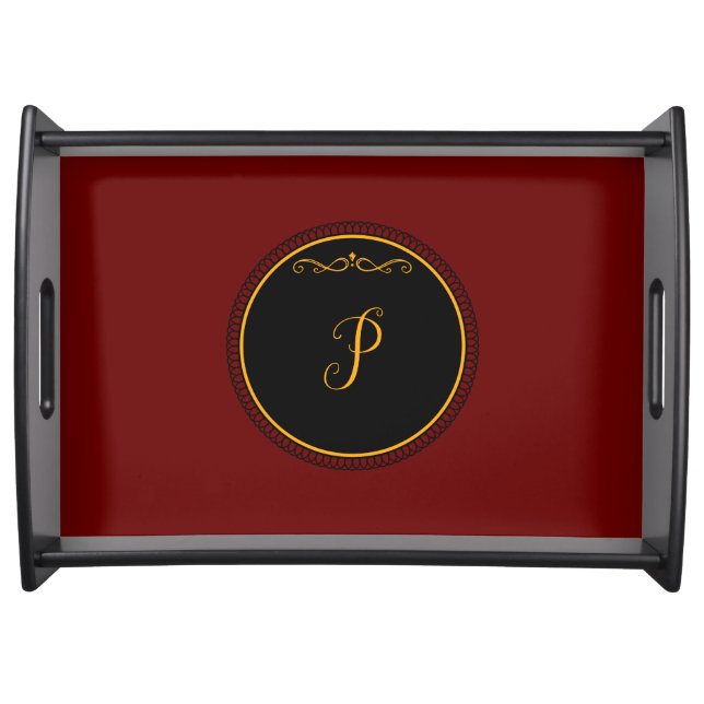 Monogram "P" gold script on black Serving Tray (Front)