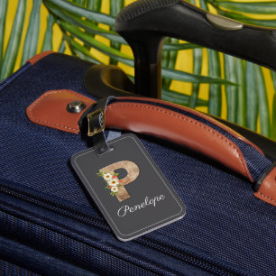 Monogram P gray wood letter flower Luggage Tag