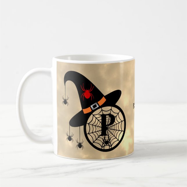 Monogram P Halloween Sky Witch Spiders Name Coffee Mug (Left)
