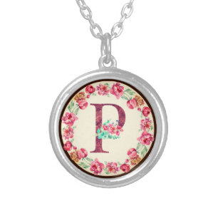 Monogram P Letter with Peony Flower Charm Silver Plated Necklace