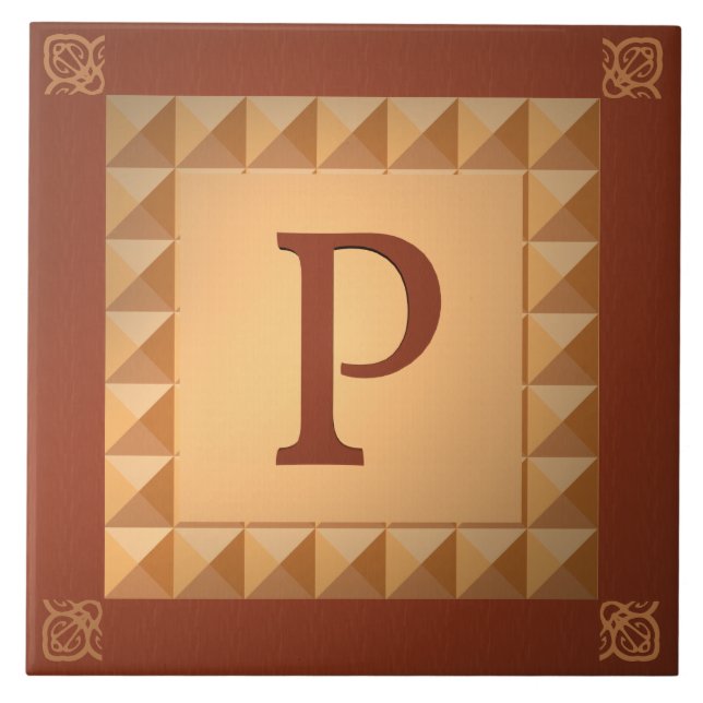 Monogram P: Marquetry Effect Initial and Pattern Ceramic Tile (Front)