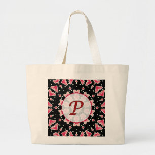 Monogram P Pink Hearts on Black Mandala Jumbo Tote