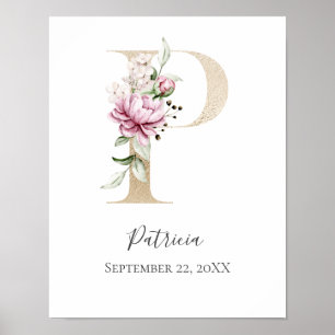 Monogram P Pink White Floral Gold Letter Nursery  Poster