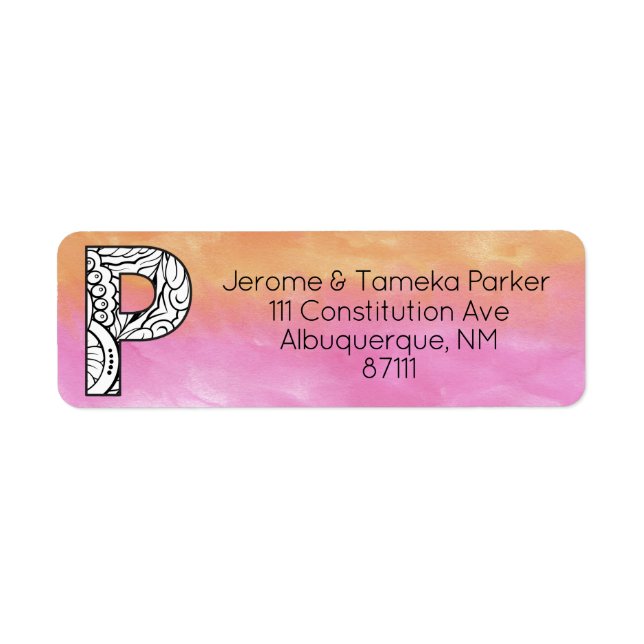 Monogram "P" Tangle Letter Orange Pink Watercolor Label (Front)