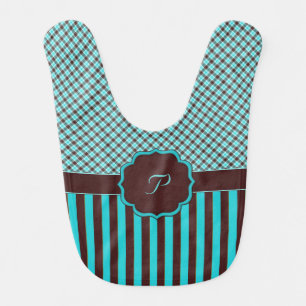 Monogram P Tartan Baby Bib Lt Teal n Brown