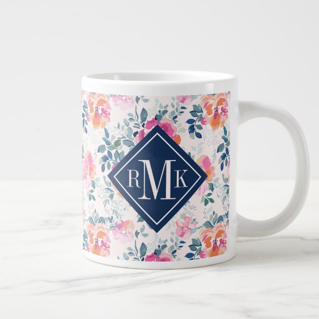 Monogram | Painted Roses Pattern Giant Coffee Mug (Right)