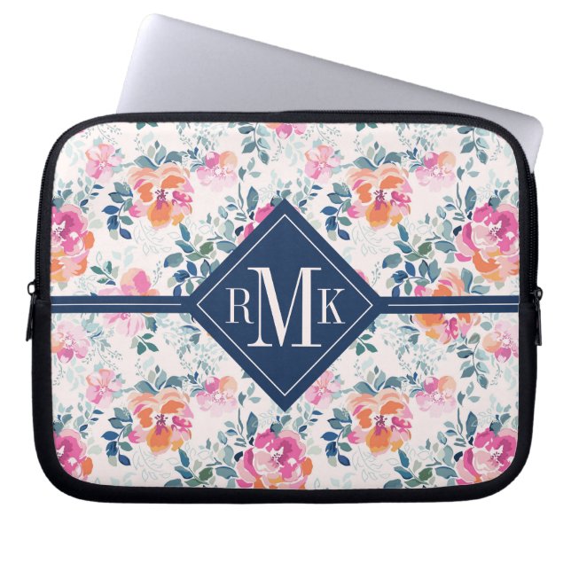 Monogram | Painted Roses Pattern Laptop Sleeve (Front)