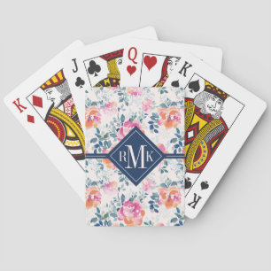 Monogram Painted Roses Pattern Poker Cards