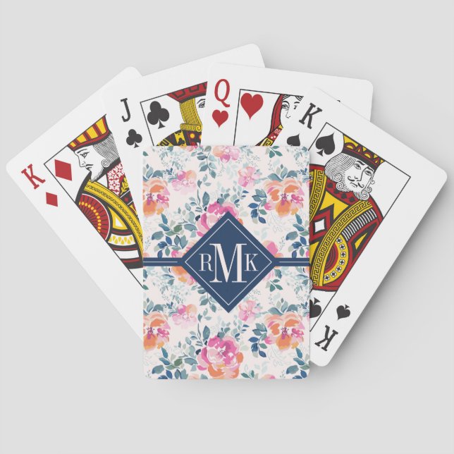 Monogram | Painted Roses Pattern Poker Cards (Back)