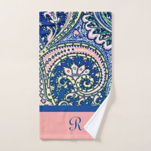 Monogram Paisley Blue Sage Green Blush Pink Hand Towel