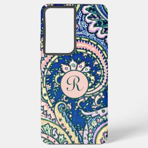 Monogram Paisley Blue Sage Green Blush Pink Samsung Galaxy S21 Ultra Case