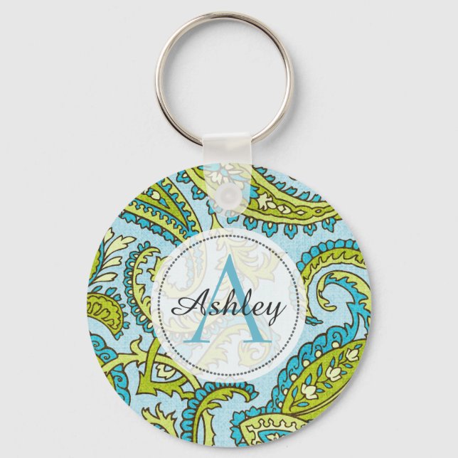 Monogram Paisley Colorful Aqua Boho Trendy Chic Keychain (Front)