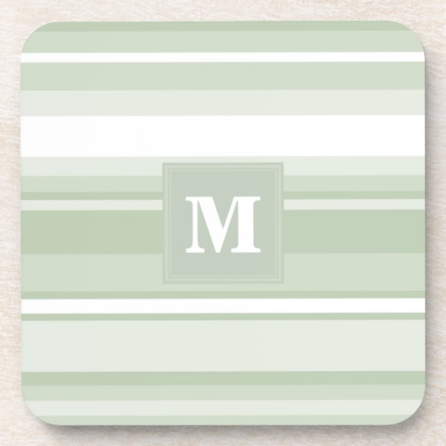 Monogram pale green stripes beverage coaster (Front)