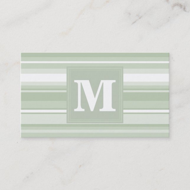 Monogram pale green stripes business card (Front)