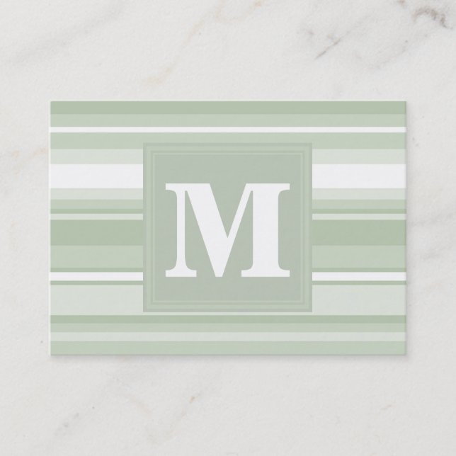 Monogram pale green stripes business card (Front)