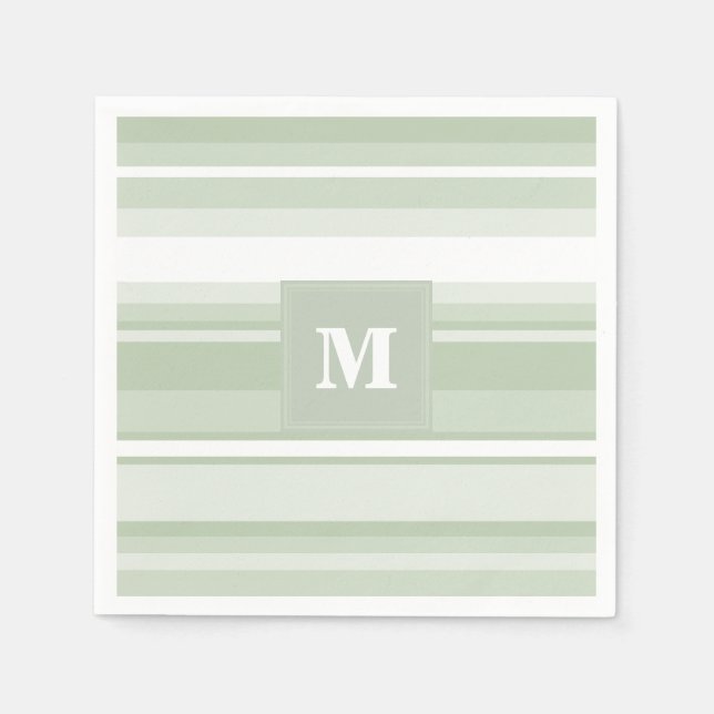 Monogram pale green stripes paper napkins (Front)