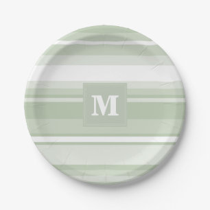 Monogram pale green stripes paper plates