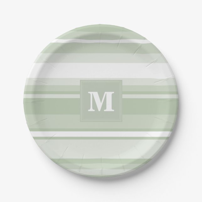 Monogram pale green stripes paper plates (Front)